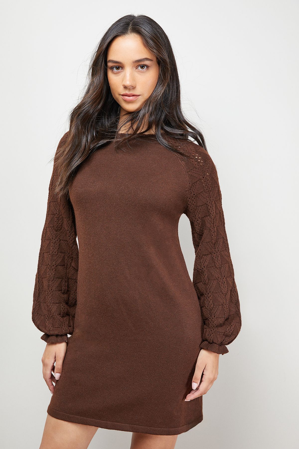 Oasis Slash Neck Sleeve Detail Jumper Dress Chocolate image 4