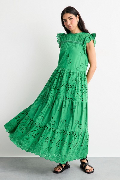 Warehouse Broderie Mix Tiered Midi Dress Green