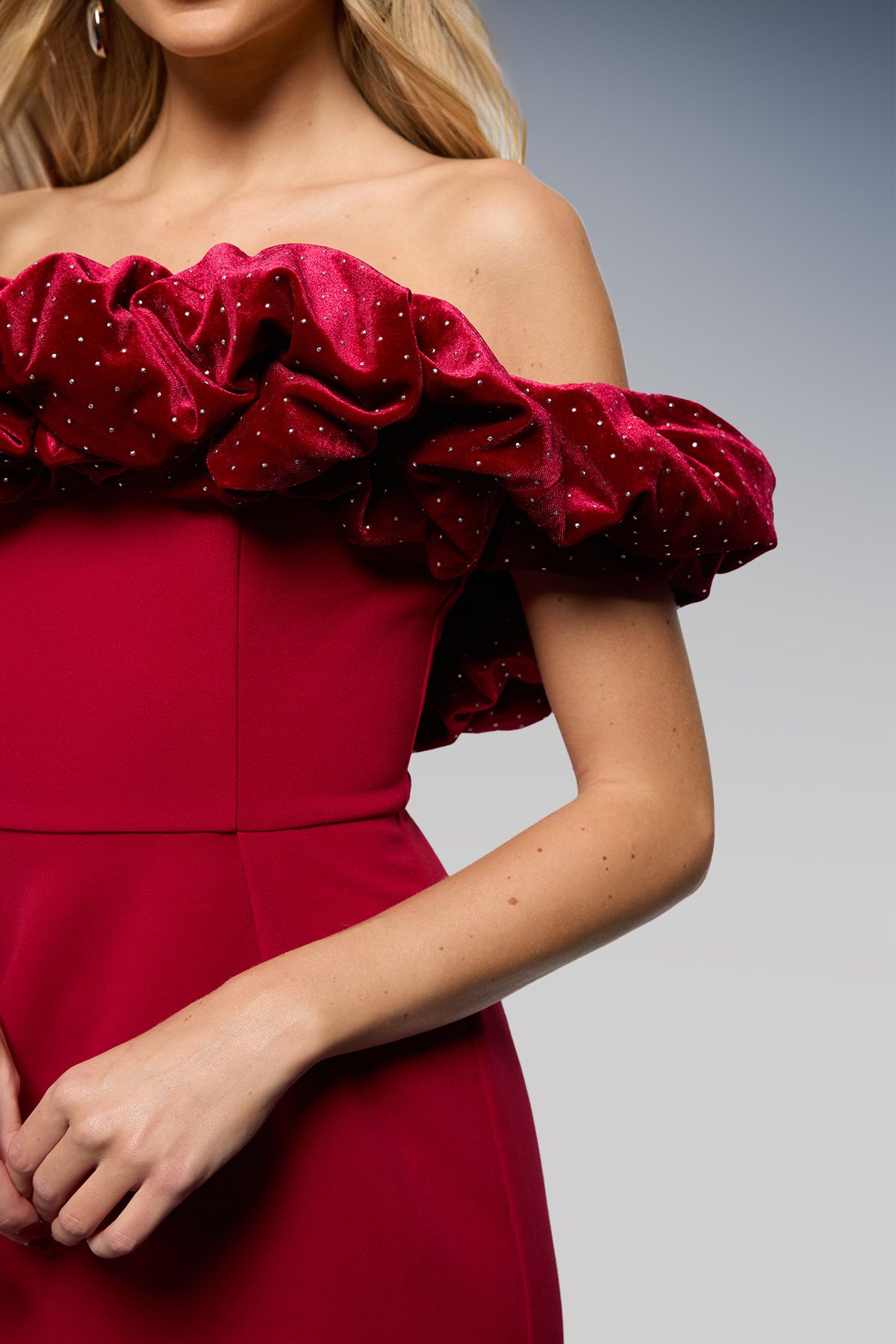 Oasis Diamante Velvet Ruffle Bardot Bodycon Midi Dress Burgundy image 4