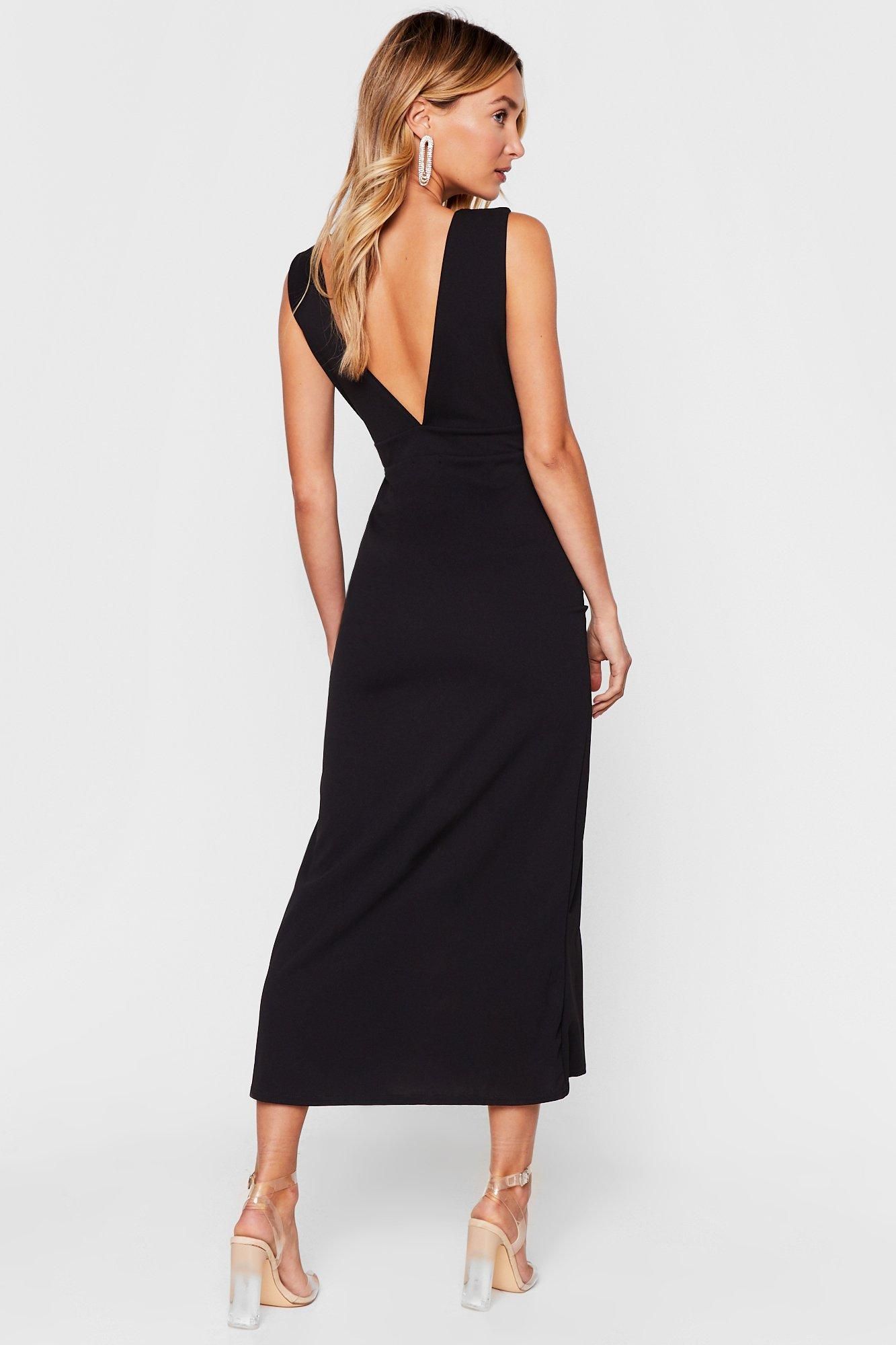 NastyGal Plunging V-Neckline Split Midi Dress Black image 4