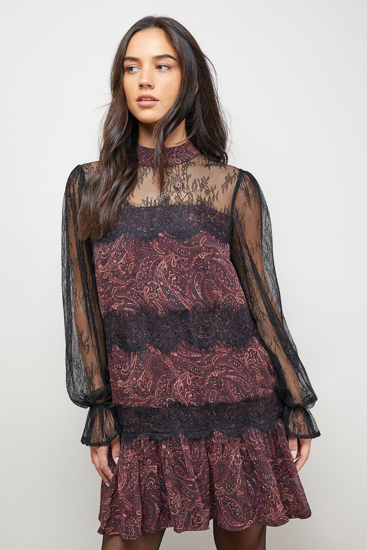 Oasis Printed Lace Tiered High Neck Balloon Sleeve Mini Dress Multi image 4