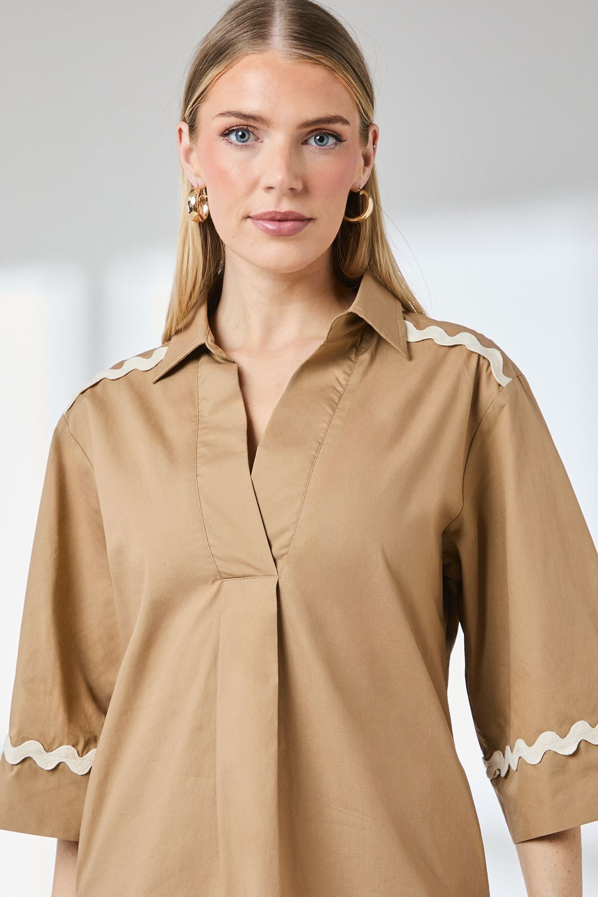 Principles Sand Collared Trim Detail Mini Shirt Dress Sand image 5