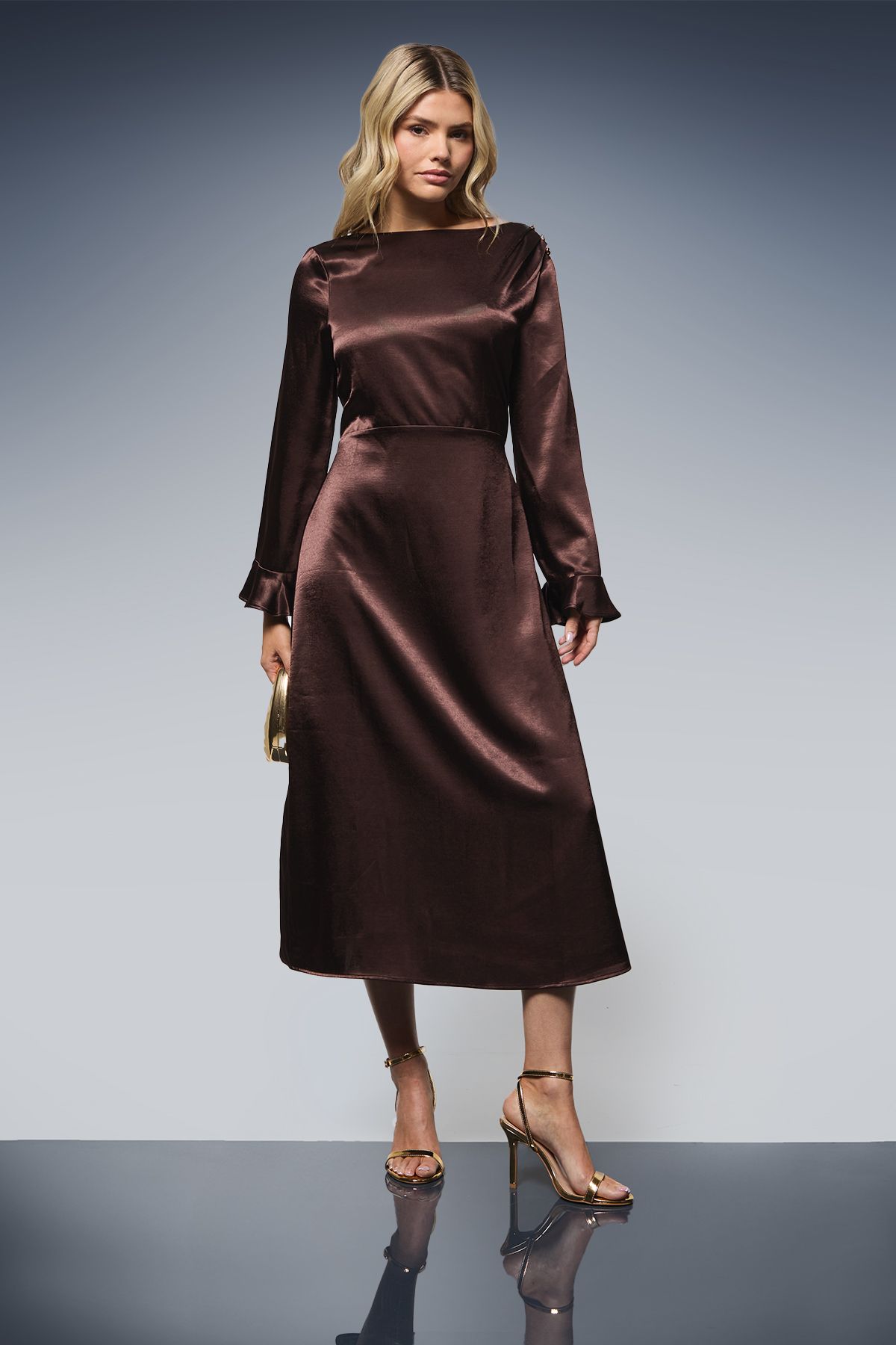 Dorothy Perkins DP Luxe Metallic Satin Midi Dress Chocolate image 1