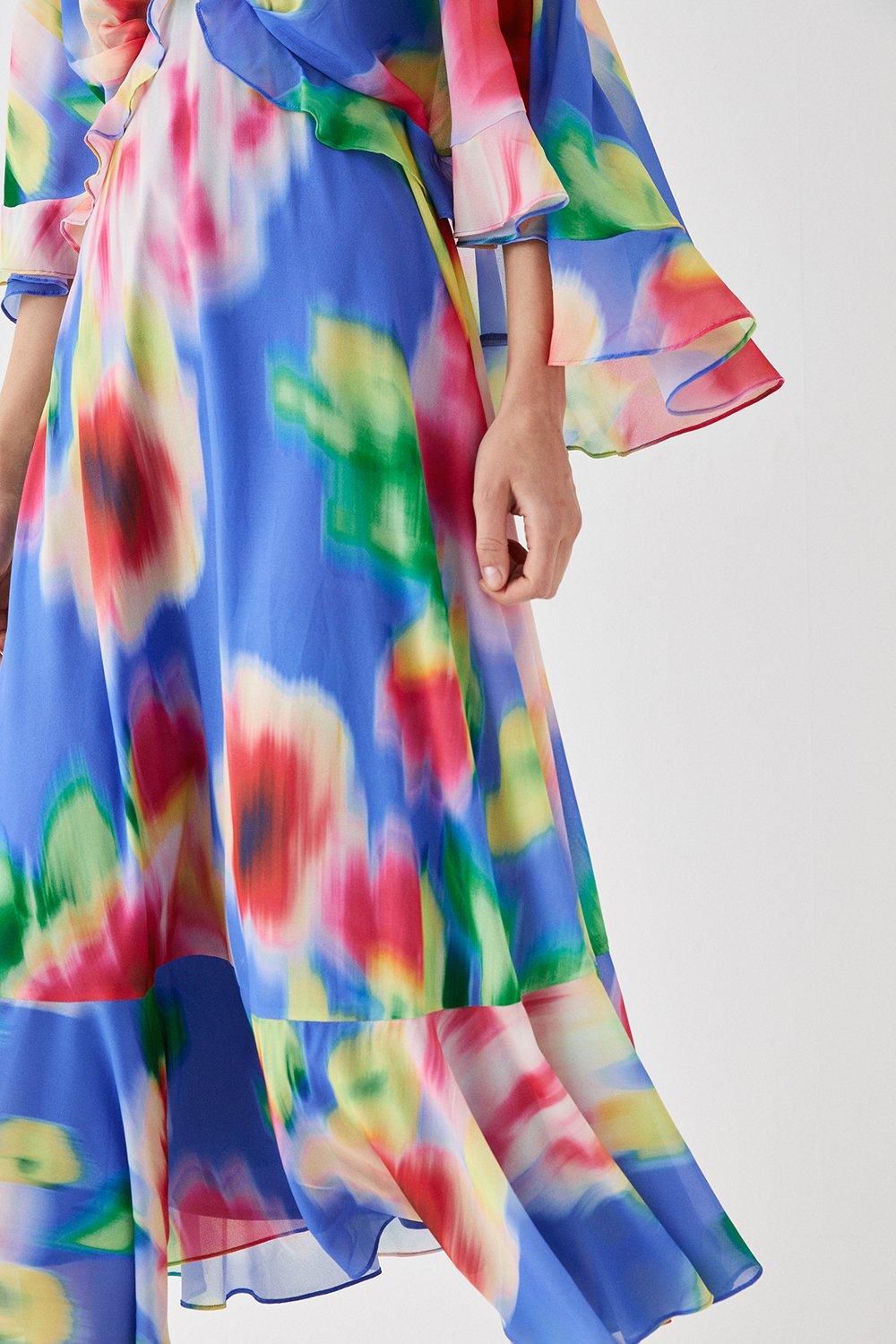 Coast Printed Cape Sleeve Frill Midi Dress Blue image 2