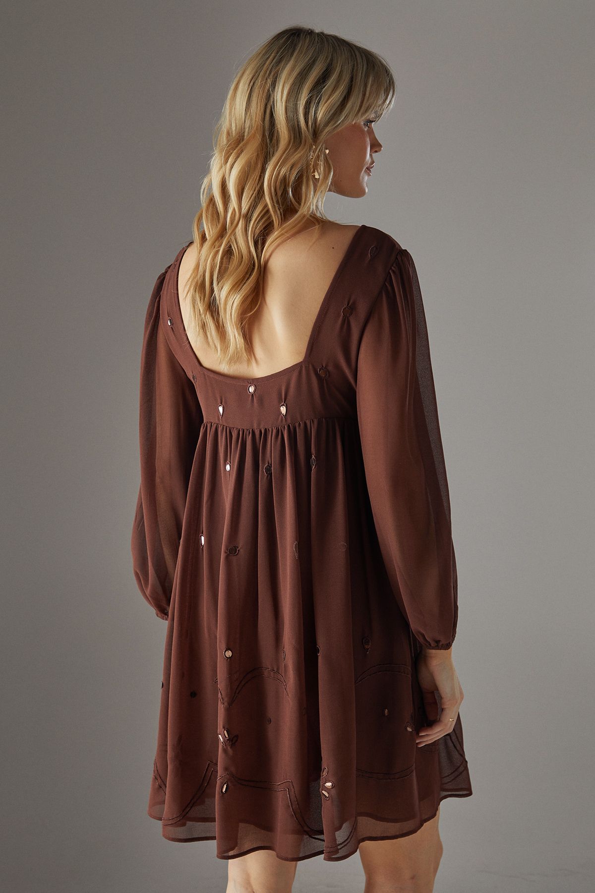 Warehouse Hand Embellished Sequin Square Neck Mini Dress Chocolate image 4