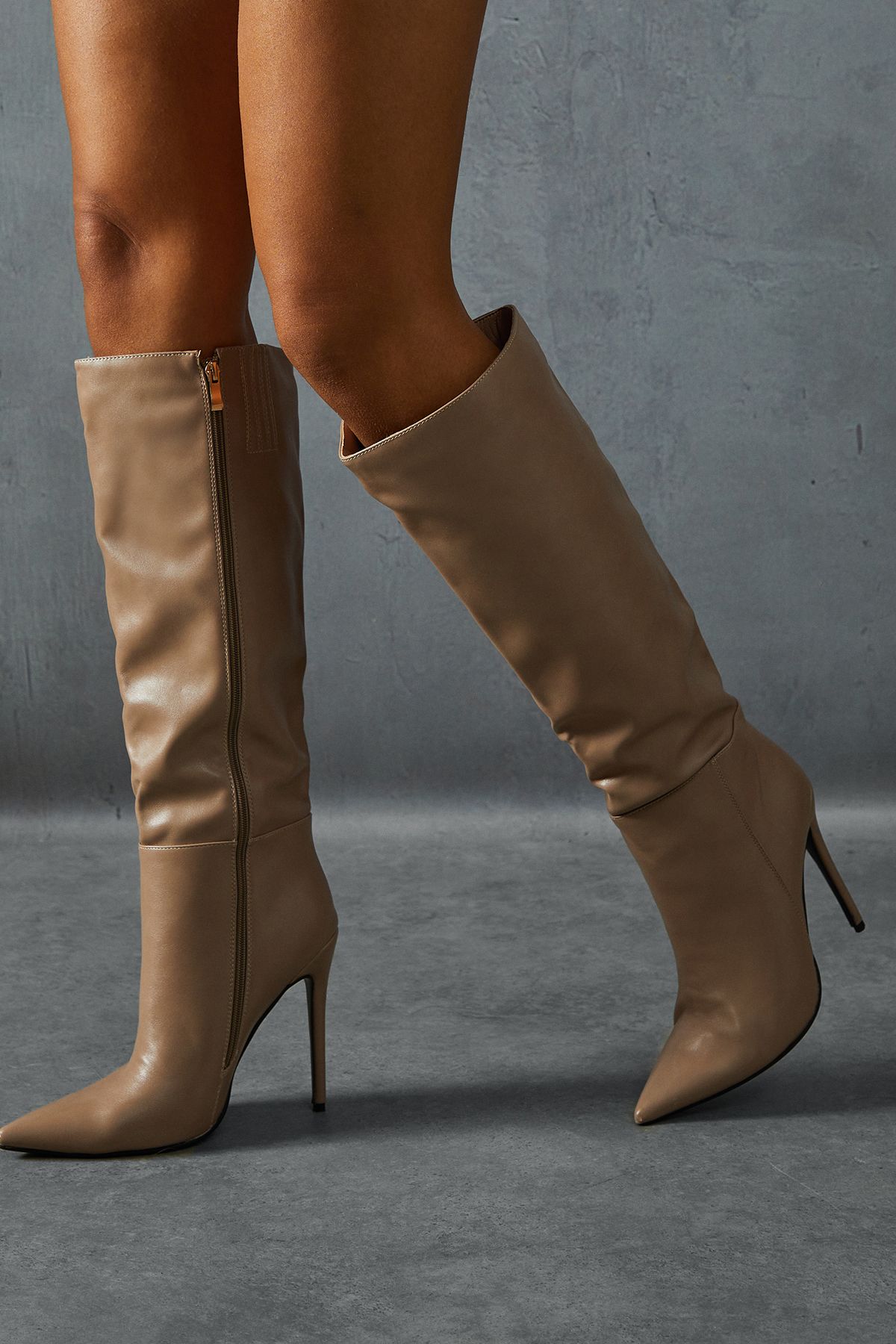 MissPap Leather Look Knee High Pointed Boots Taupe image 2