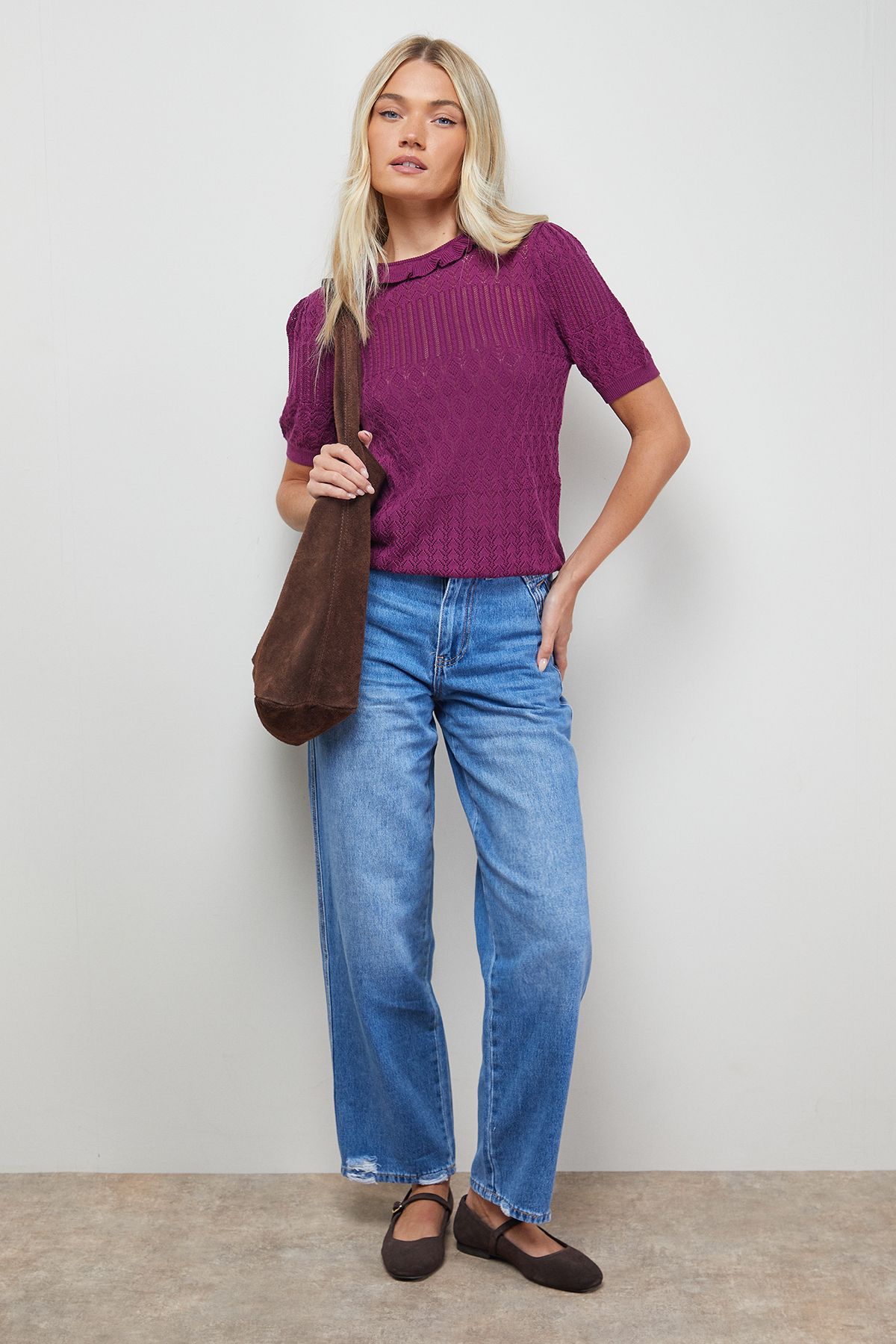Oasis Puff Sleeve Ruffle Neck Short Sleeve Jumper Plum image 2