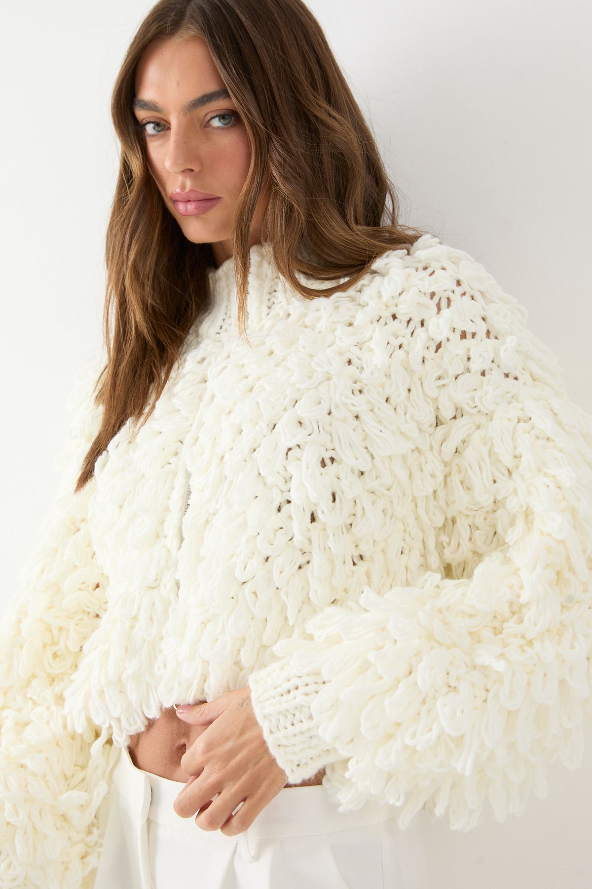 MissPap Zip Up Cream Fringe Loop Bomber Neutral image 4