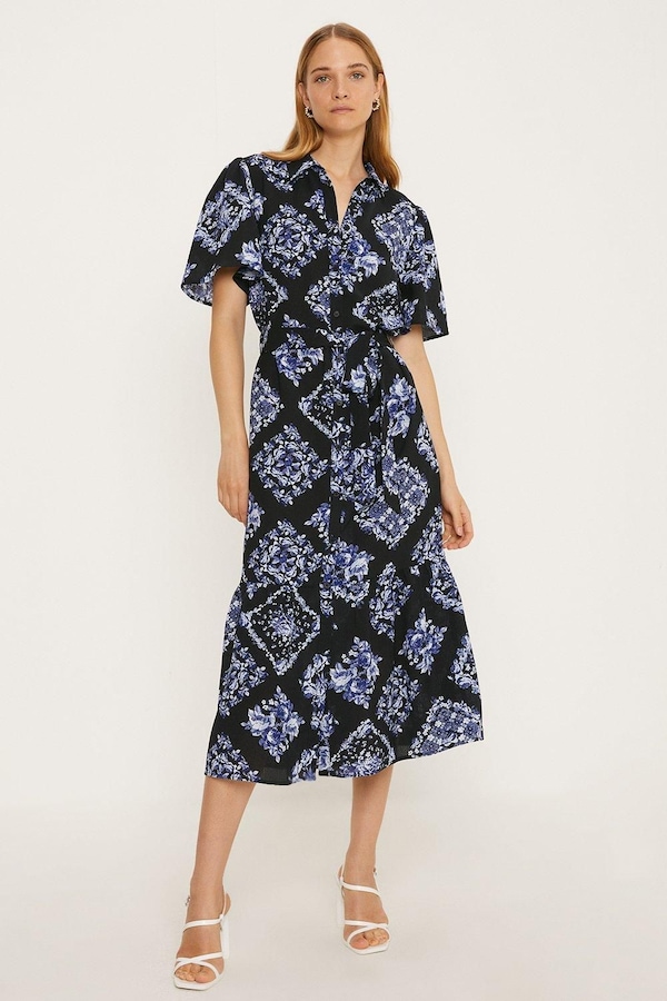 Oasis Floral Angel Sleeve Belted Shirt Dress Blue