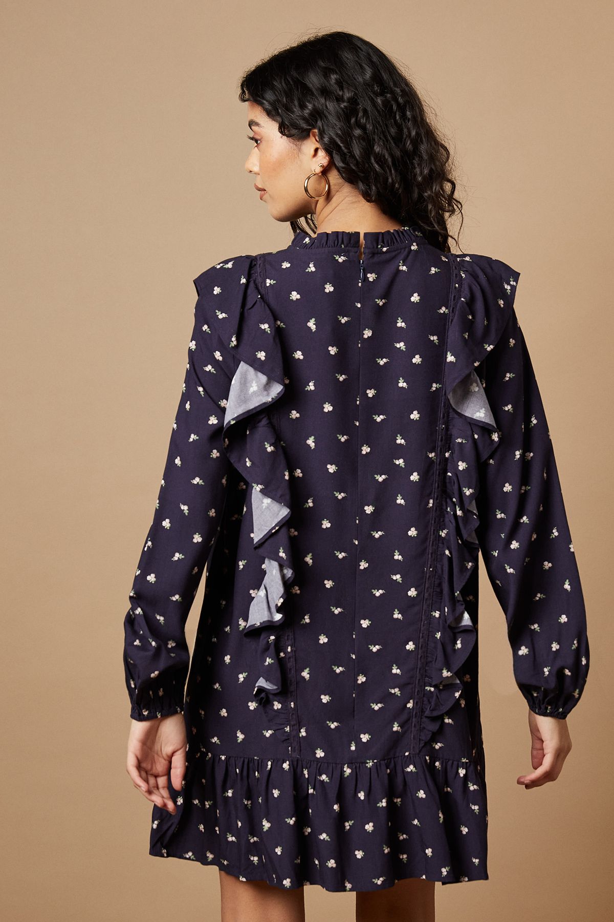 Oasis Petite Ditsy Printed Ruffle Lace Trim Mini Dress Navy image 3