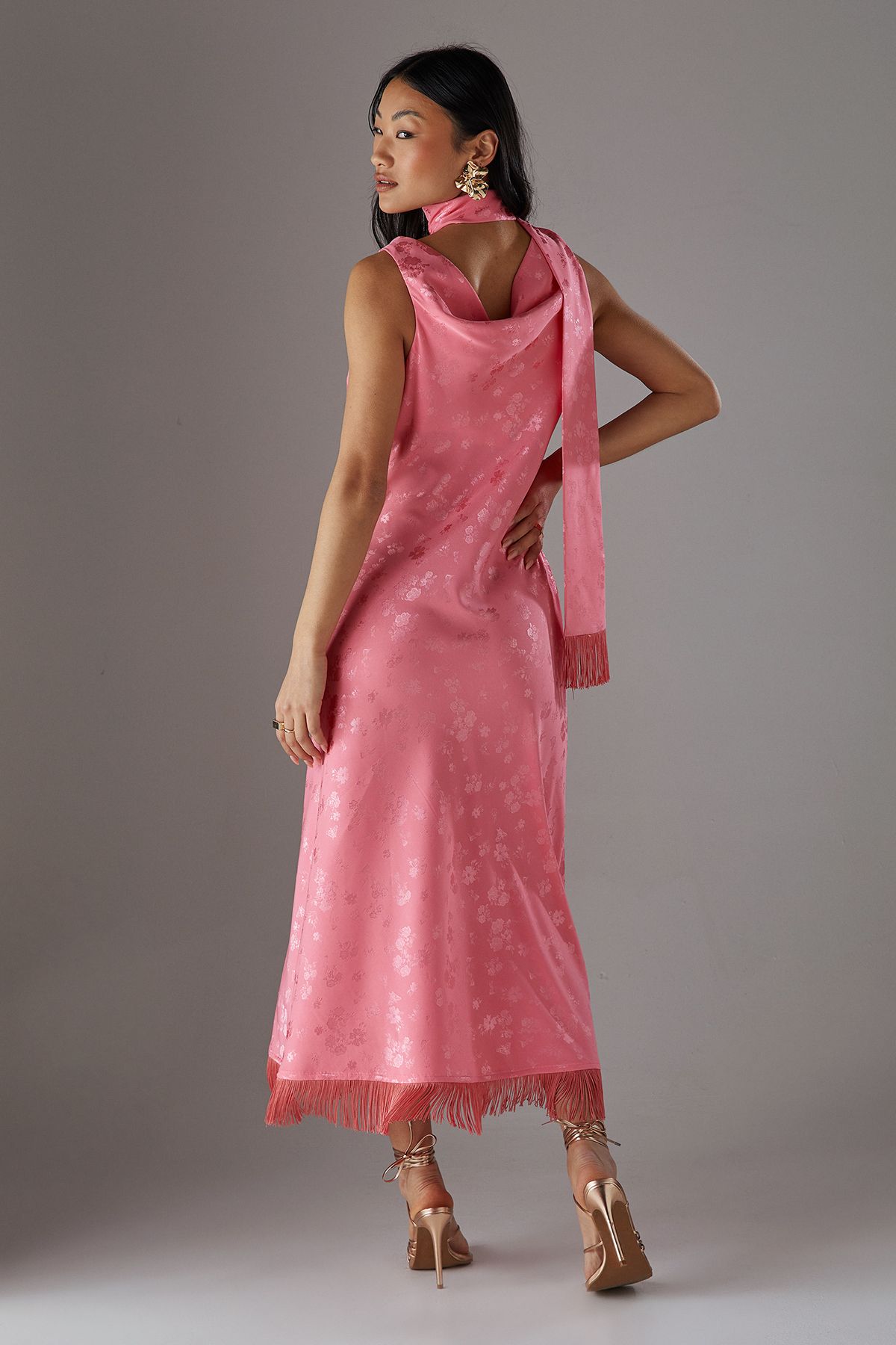 Warehouse Petite Satin Jacquard Cowl Scarf Neck Fringe Midi Slip Dress Pink image 4