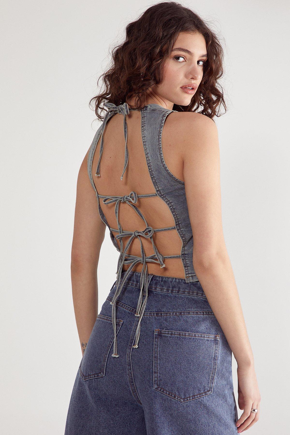NastyGal Denim Lace Back Top Vintage Wash