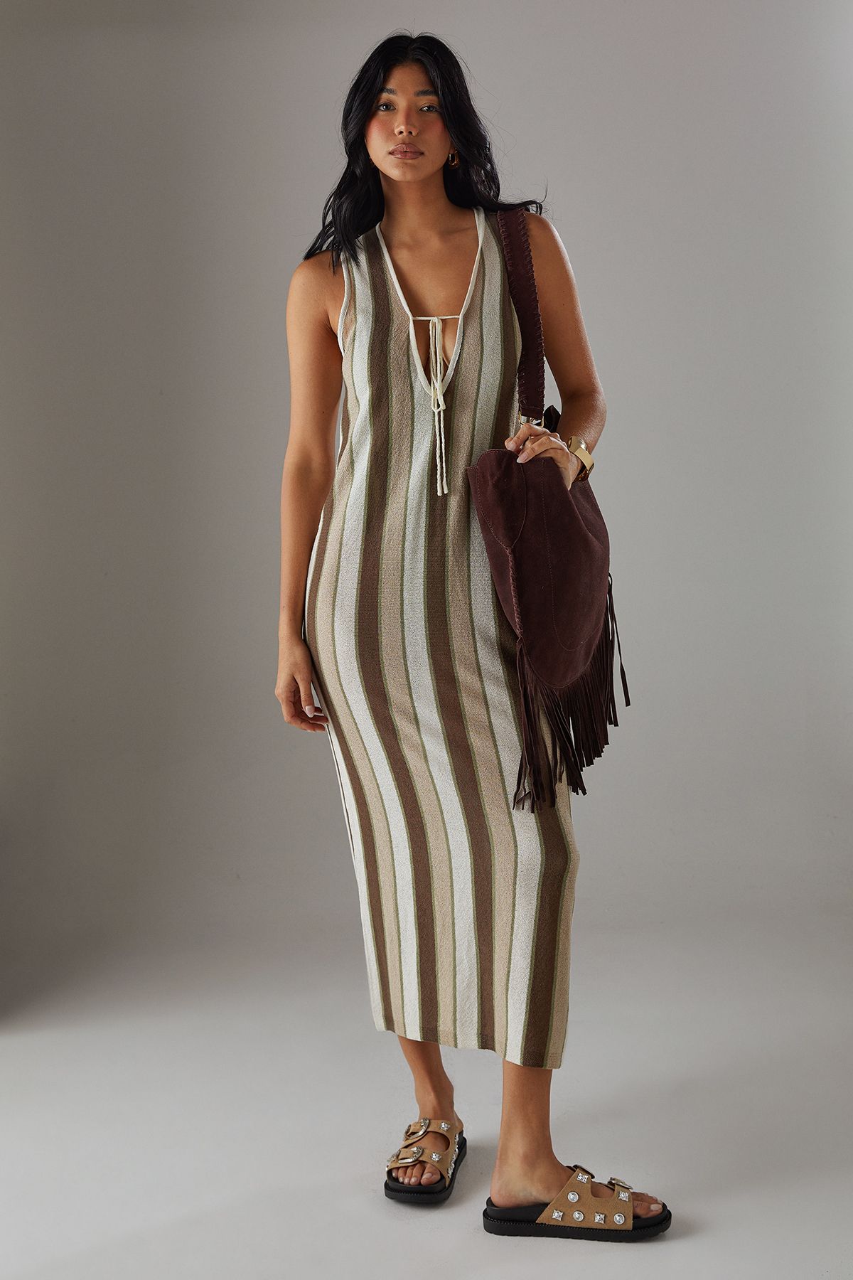 Warehouse Striped Tie Keyhole Knitted Midi Dress Multi image 1