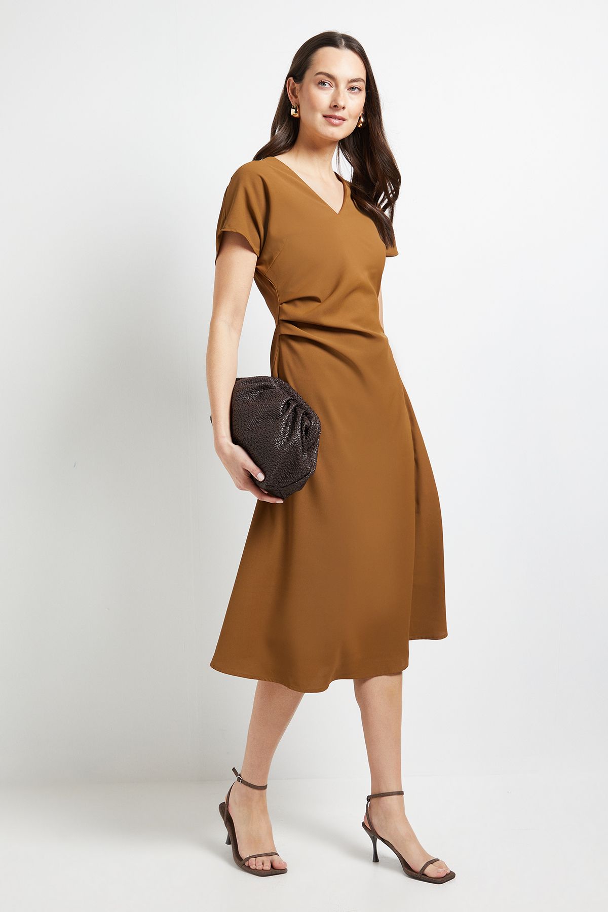 Principles Pleated Waist V Neck Midi Dress Mocha image 4