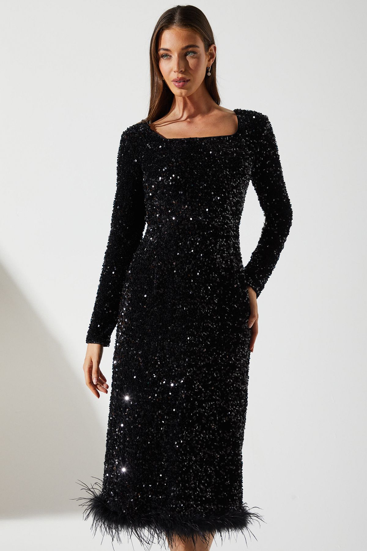 Coast Sequin Party Long Sleeve Midi Dress With Feather Hem Black image 2