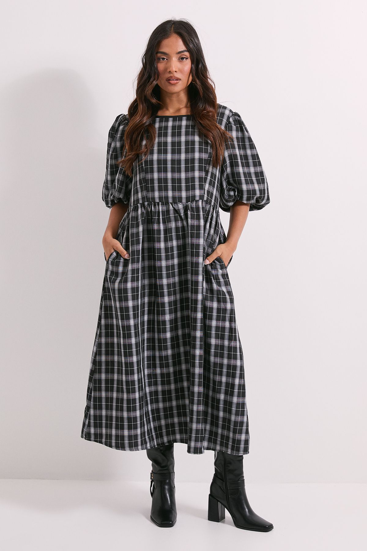 Dorothy Perkins Petite Gingham Puff Sleeve Tie Back Midi Dress Black image 1