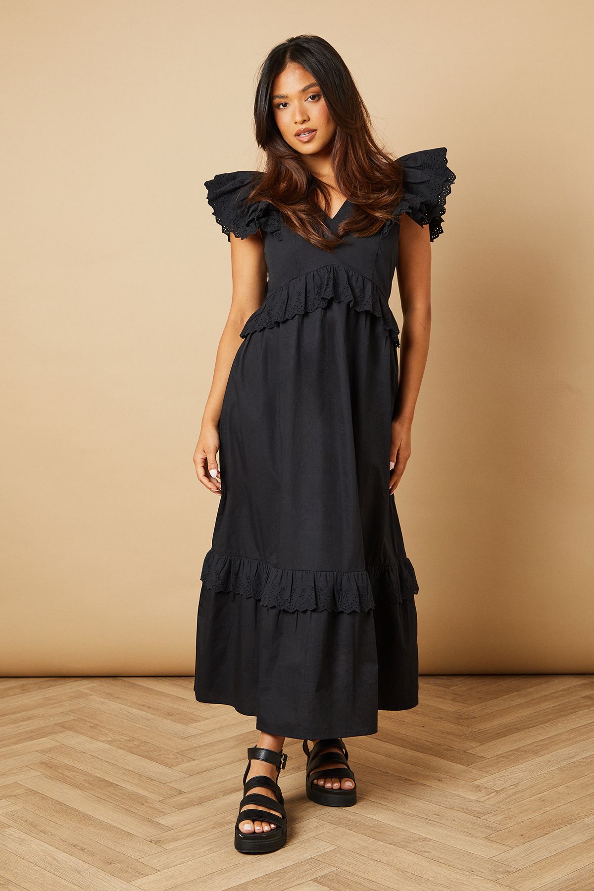 Oasis Petite Broderie Panel Ruffle Maxi Dress Black