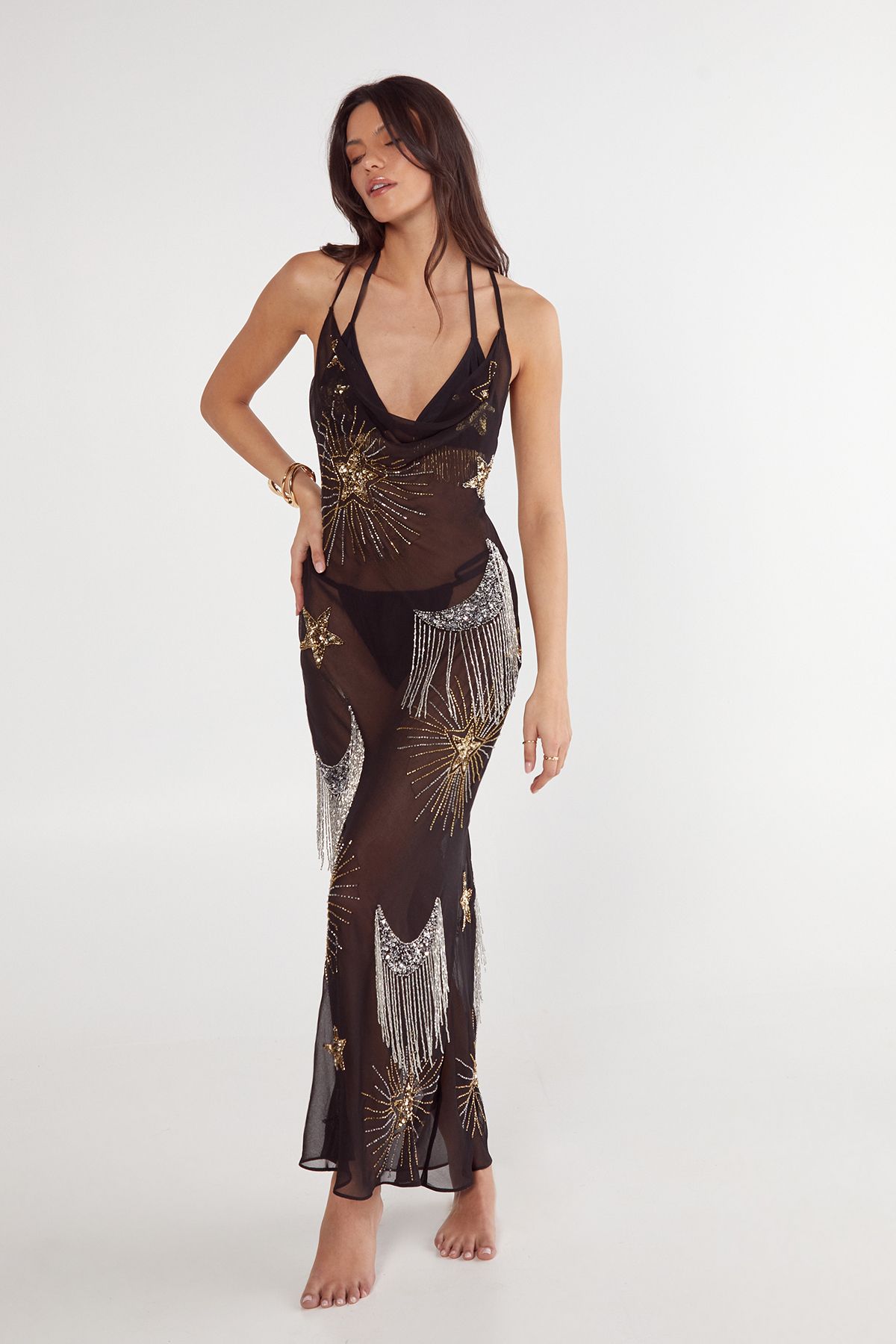 NastyGal Celestial Embellished Tassel Detail Cowl Maxi Dress Black image 1