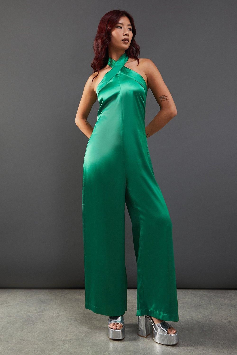 Warehouse Satin Halterneck Jumpsuit Green image 1