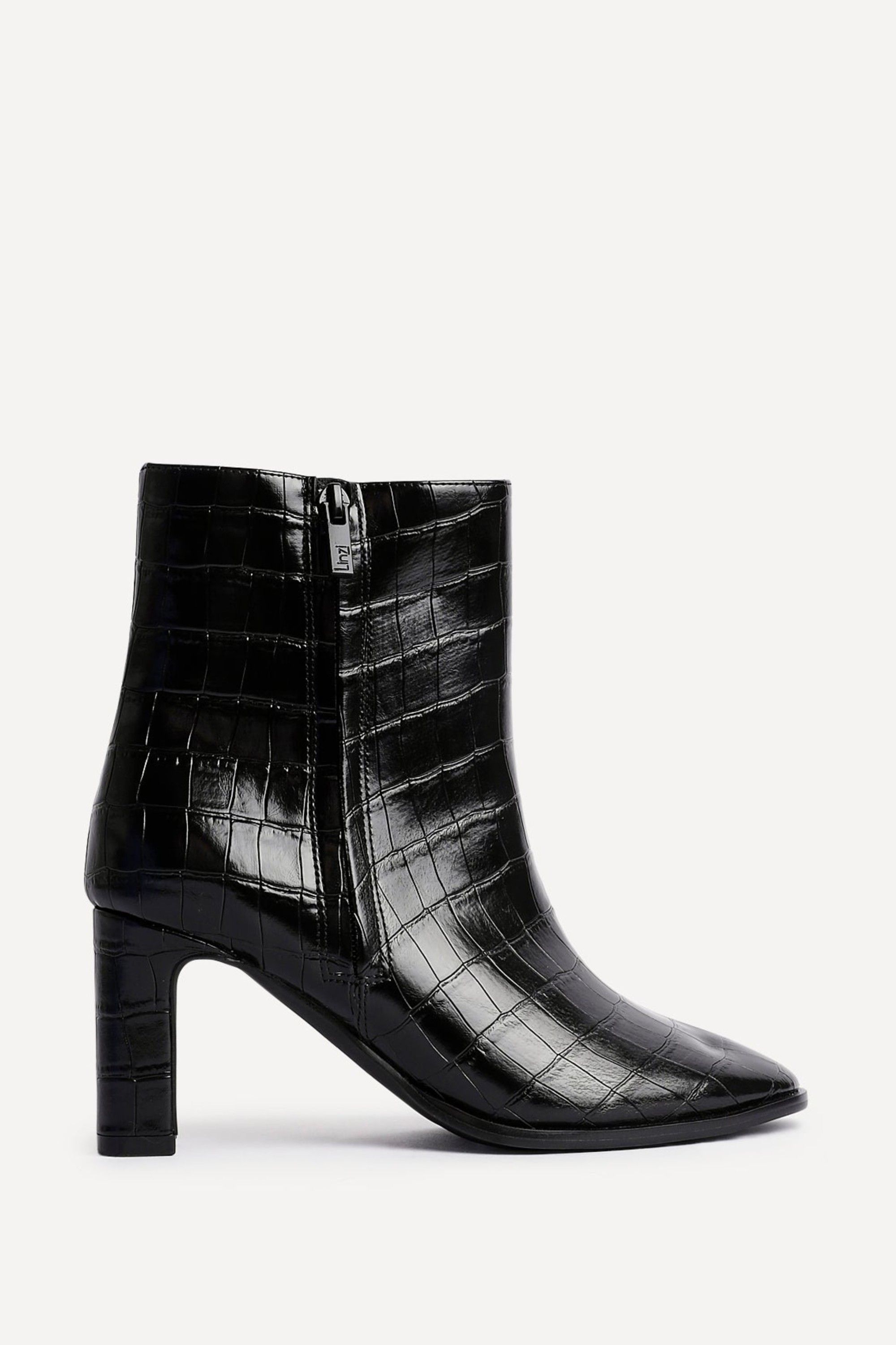 Linzi Jonas Black Faux Croc Patent Leather Block Heel Ankle Boot