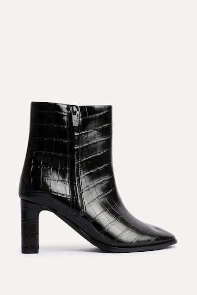 Linzi Jonas Black Faux Croc Patent Leather Block Heel Ankle Boot