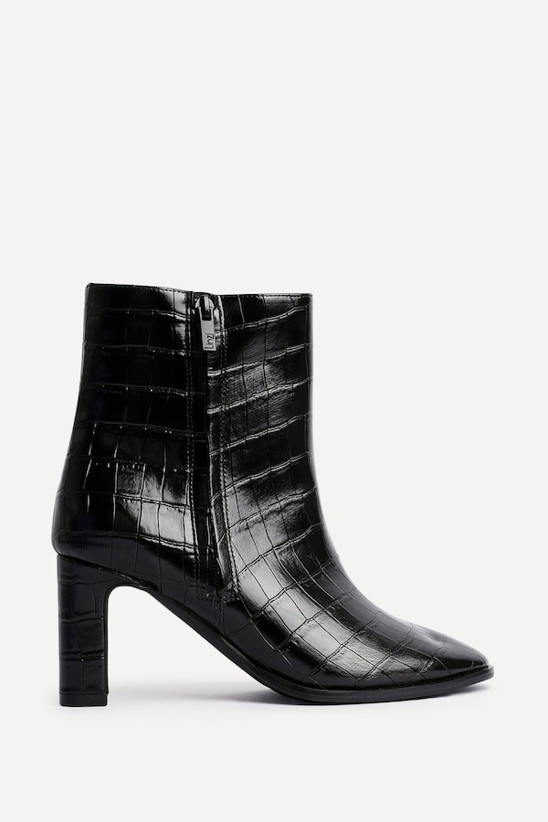 Linzi Jonas Black Faux Croc Patent Leather Block Heel Ankle Boot