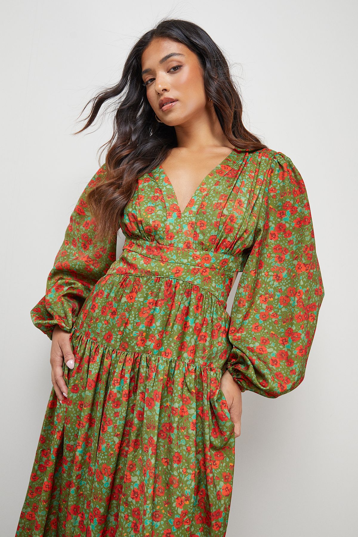 Warehouse Petite Premium Satin Open Back Maxi Dress Olive image 4