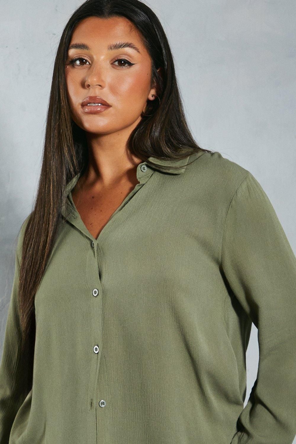 MissPap Crinkle Sheer Oversized Shirt Khaki image 2