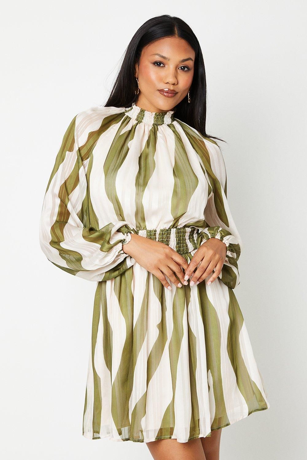 Coast Printed High Neck Blouson Sleeve Mini Dress Olive image 2