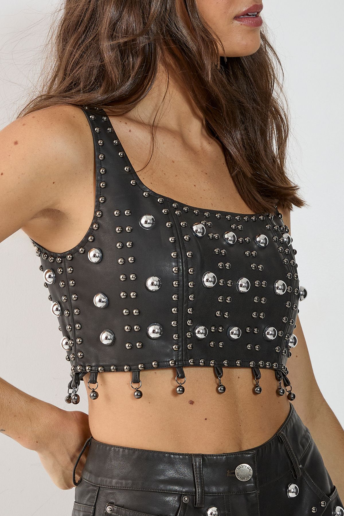 NastyGal Studded Faux Leather Crop Top Black image 3