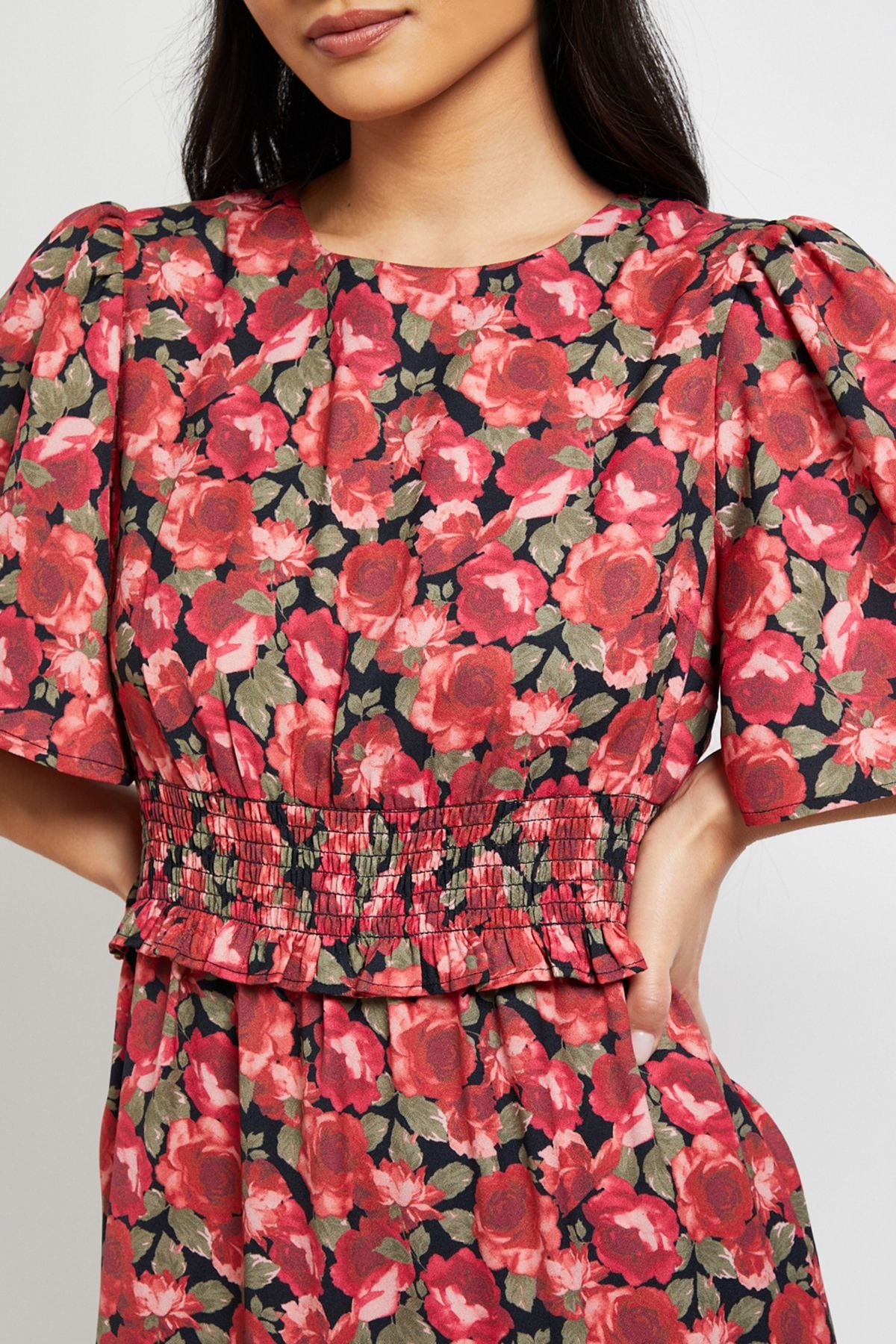 Dorothy Perkins Petite Red Floral Shirred Waist Angel Sleeve Tiered Maxi Dress Red image 5