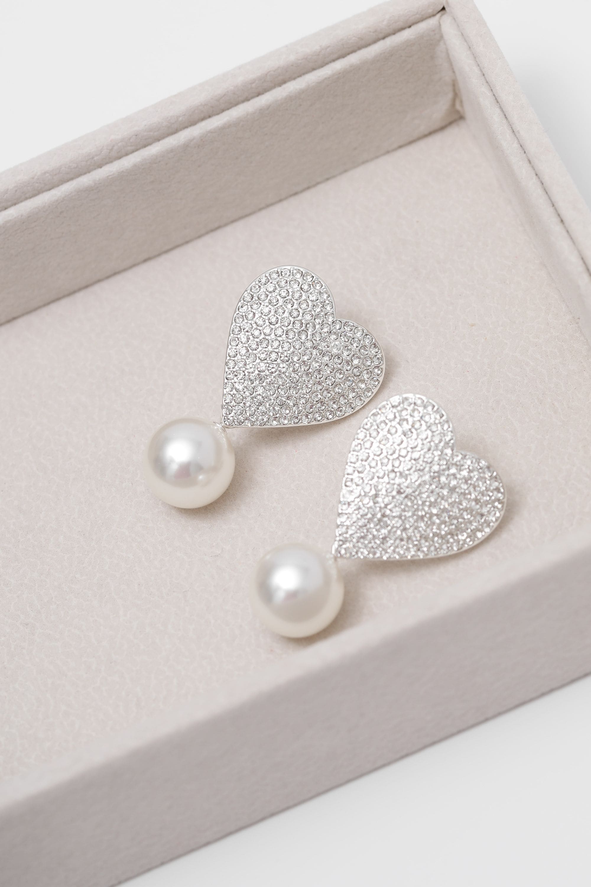 Mood Silver Crystal Heart With Pearl Drop Statement Earrings image 2