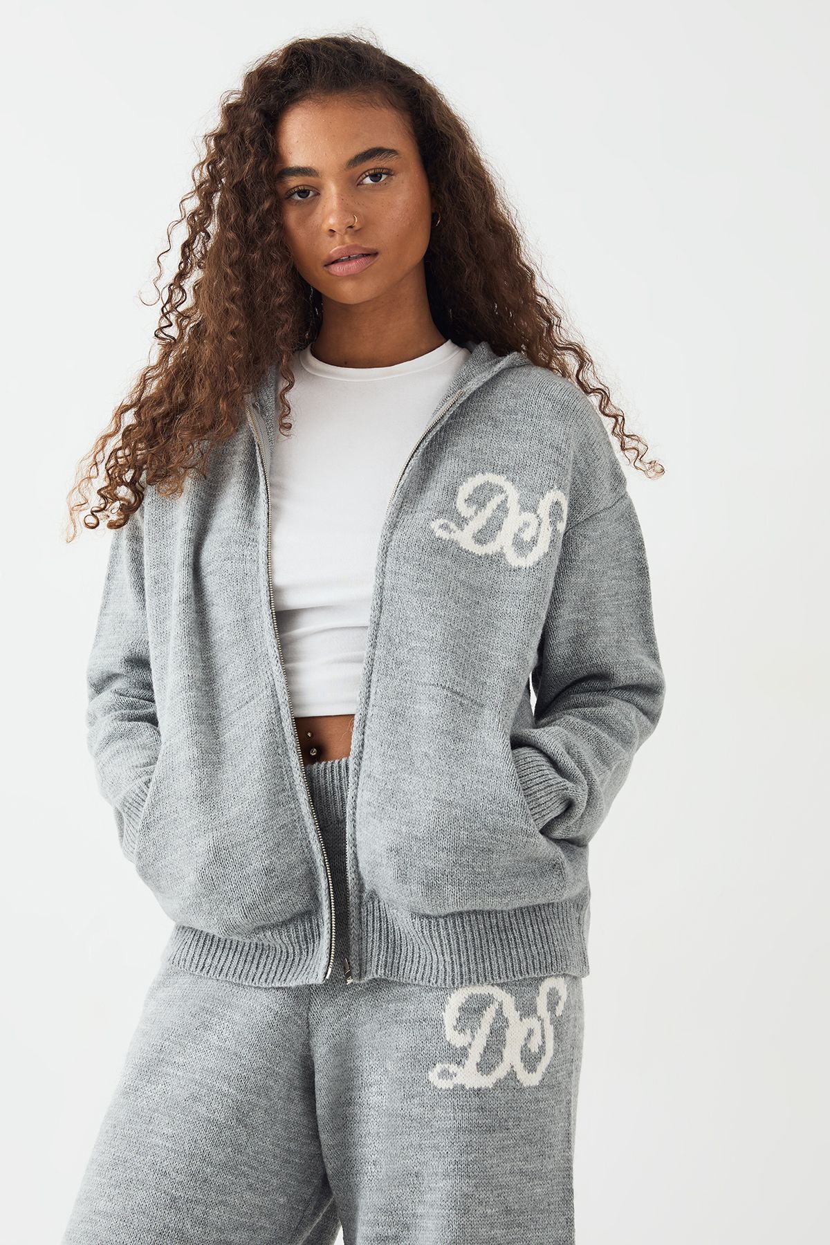 DSGN Studio DSGN Studio Knitted Zip Through Hoodie Grey Marl image 3