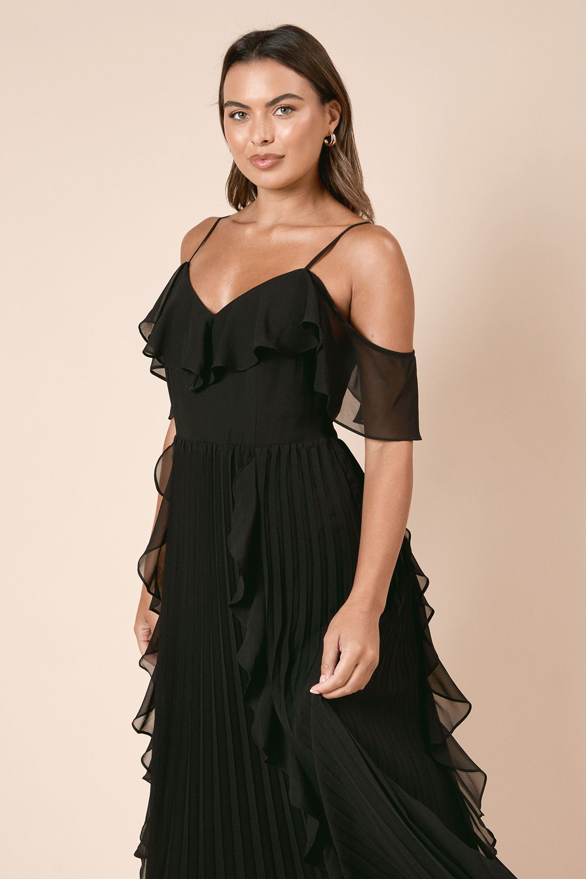 Dorothy Perkins DP Luxe Ruffle Front Cold Shoulder Midi Dress Black image 2