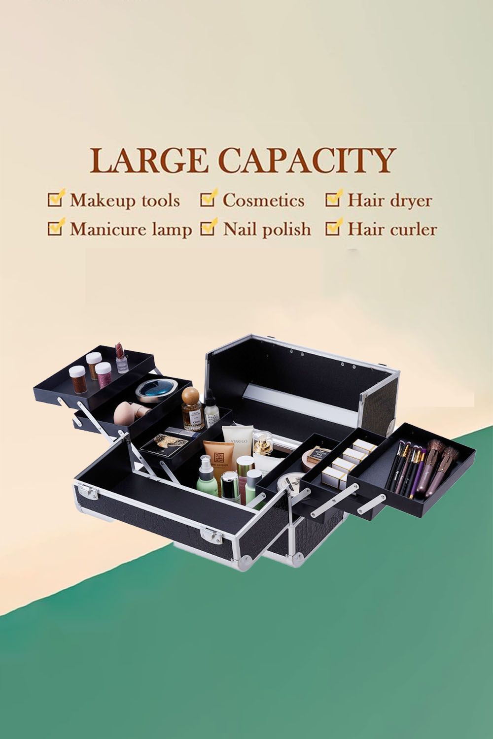 SHEONLY Black Makeup Box Professional Cosmetic Organizer Aluminum Storage Box with 6 Trays image 4