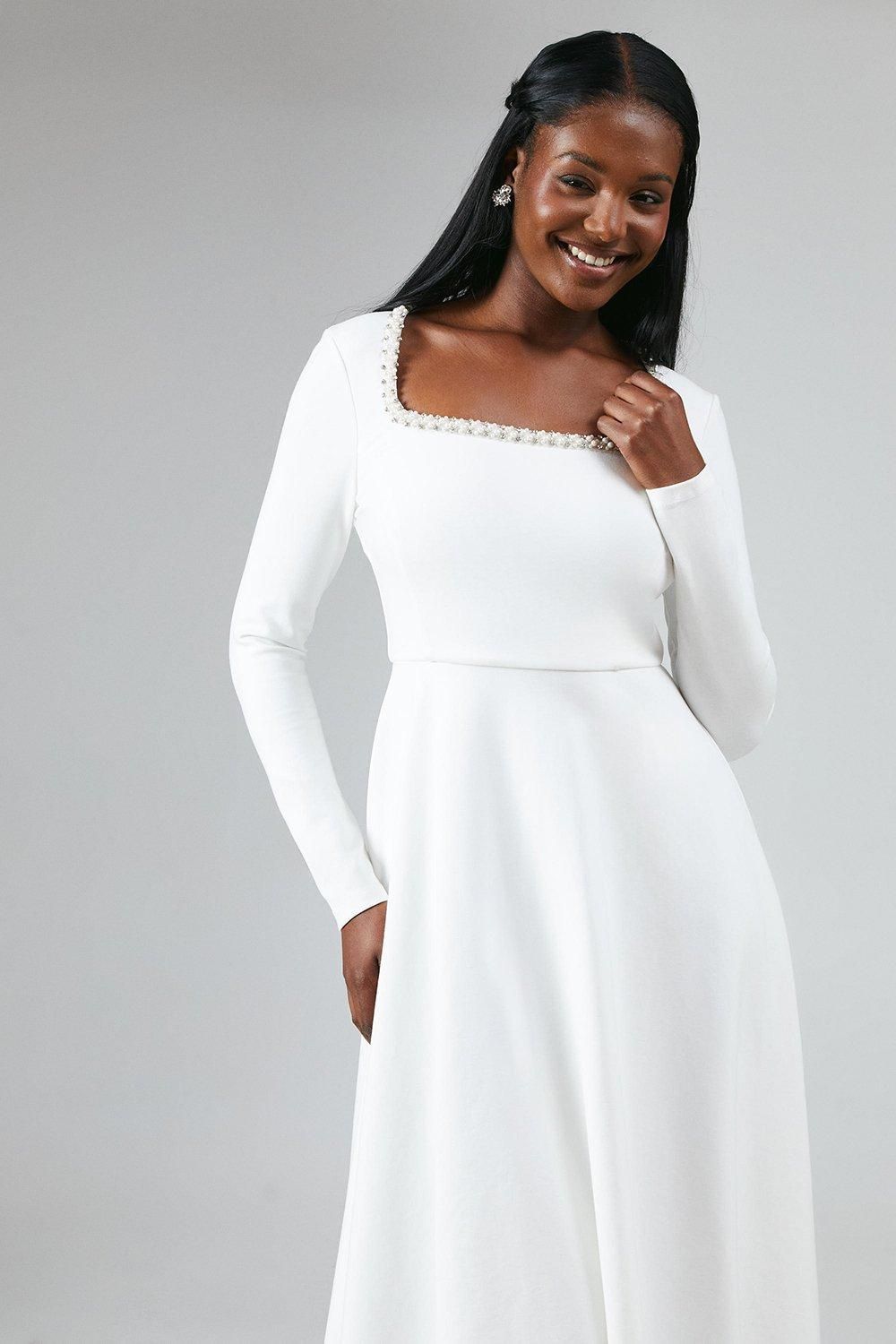 Coast Crystal Trim Ponte Long Sleeve Midi Wedding Dress Ivory image 2