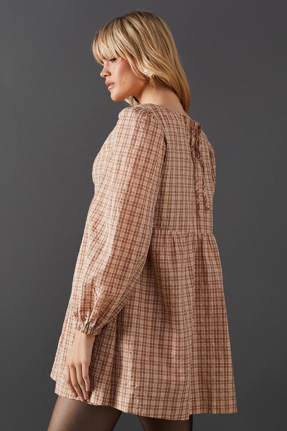 Warehouse Check V Neck Volume Sleeve Mini Dress Orange image 3