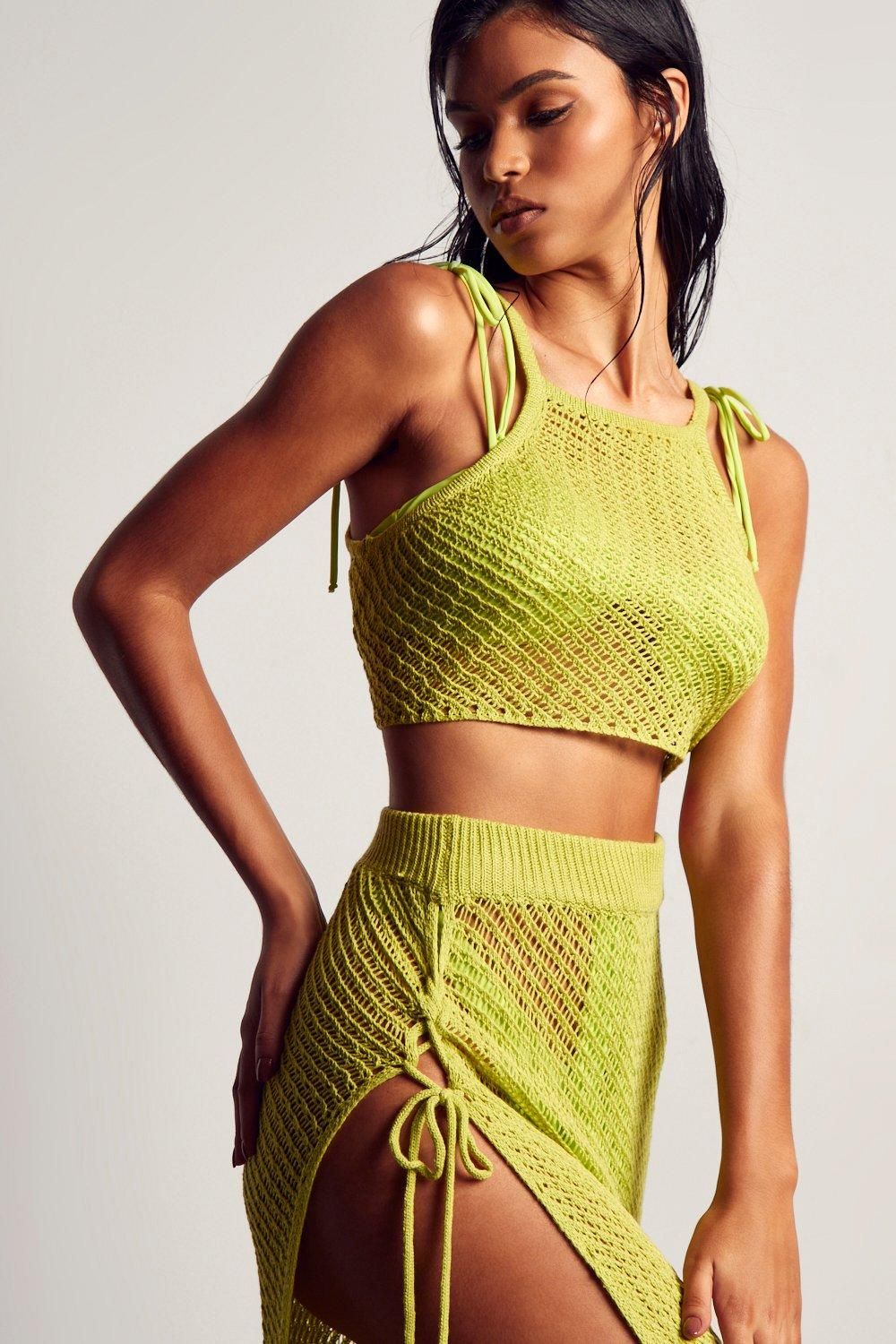 MissPap Crochet Knit Racer Crop Top Lime image 6