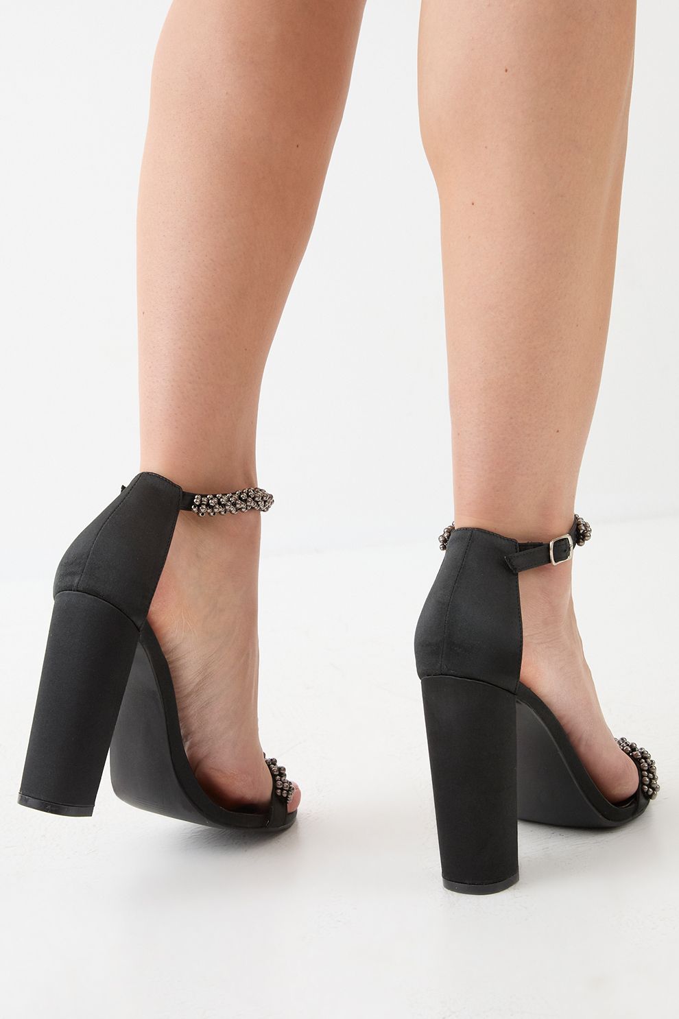 MissPap Satin Pearl Embellished Strap High Block Heel Sandals Black image 3