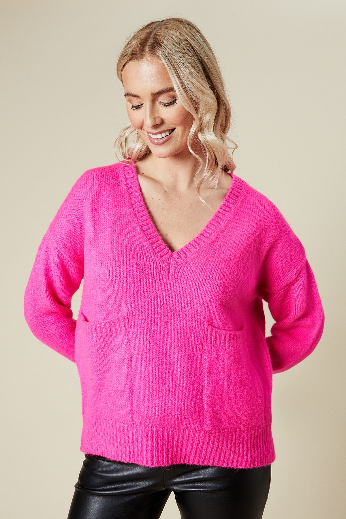 Dorothy Perkins Pocket Front V Neck Jumper Hot Pink image 1