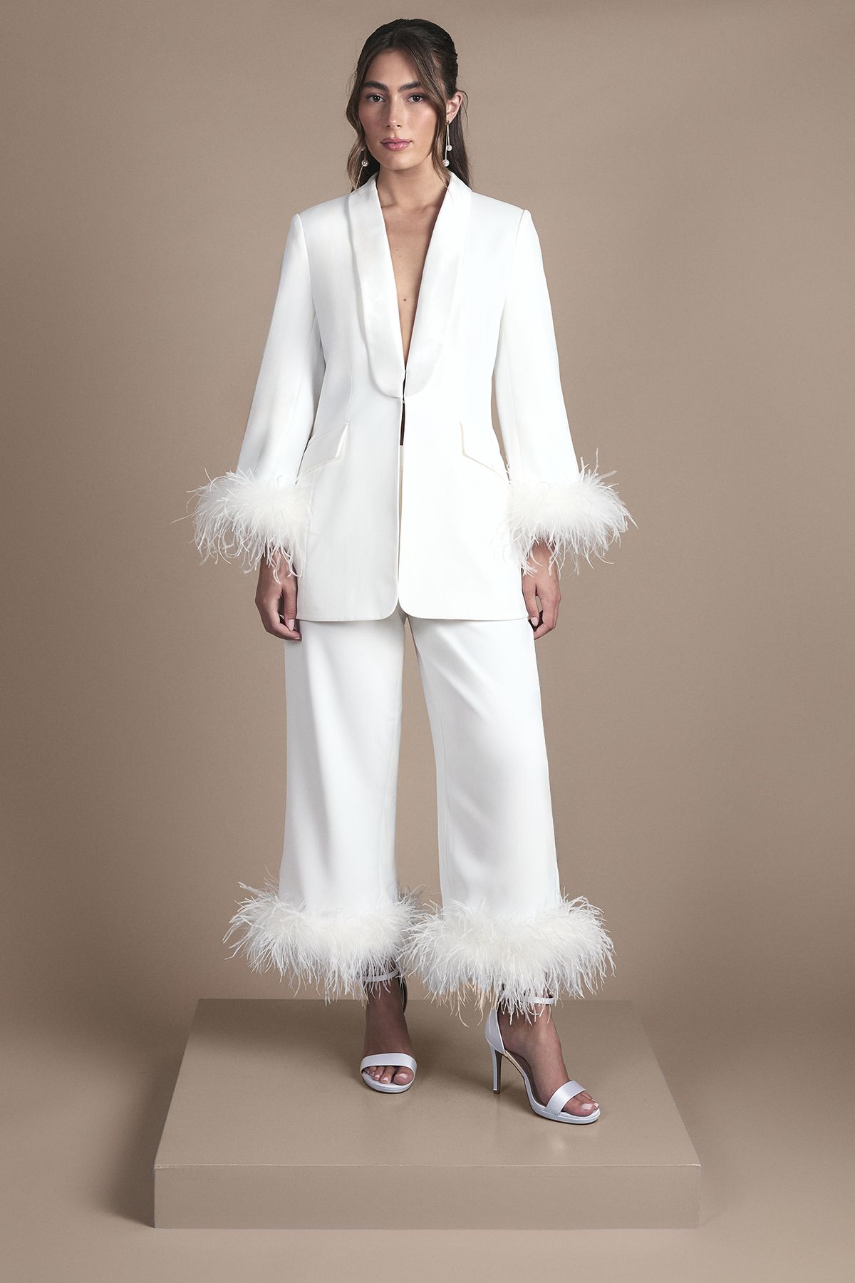 Coast Feather Trim Single Breasted Tux Style Wedding Blazer Ivory image 2