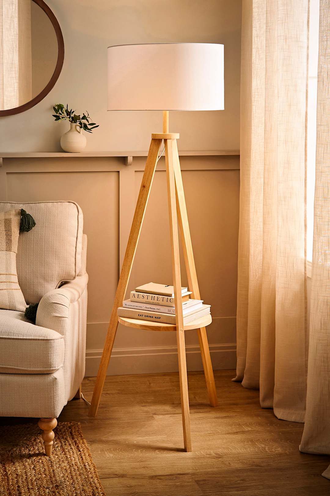 ValueLights Morrigan Natural Wood Tripod Floor Lamp with Fabric Drum Lamp Shade image 2