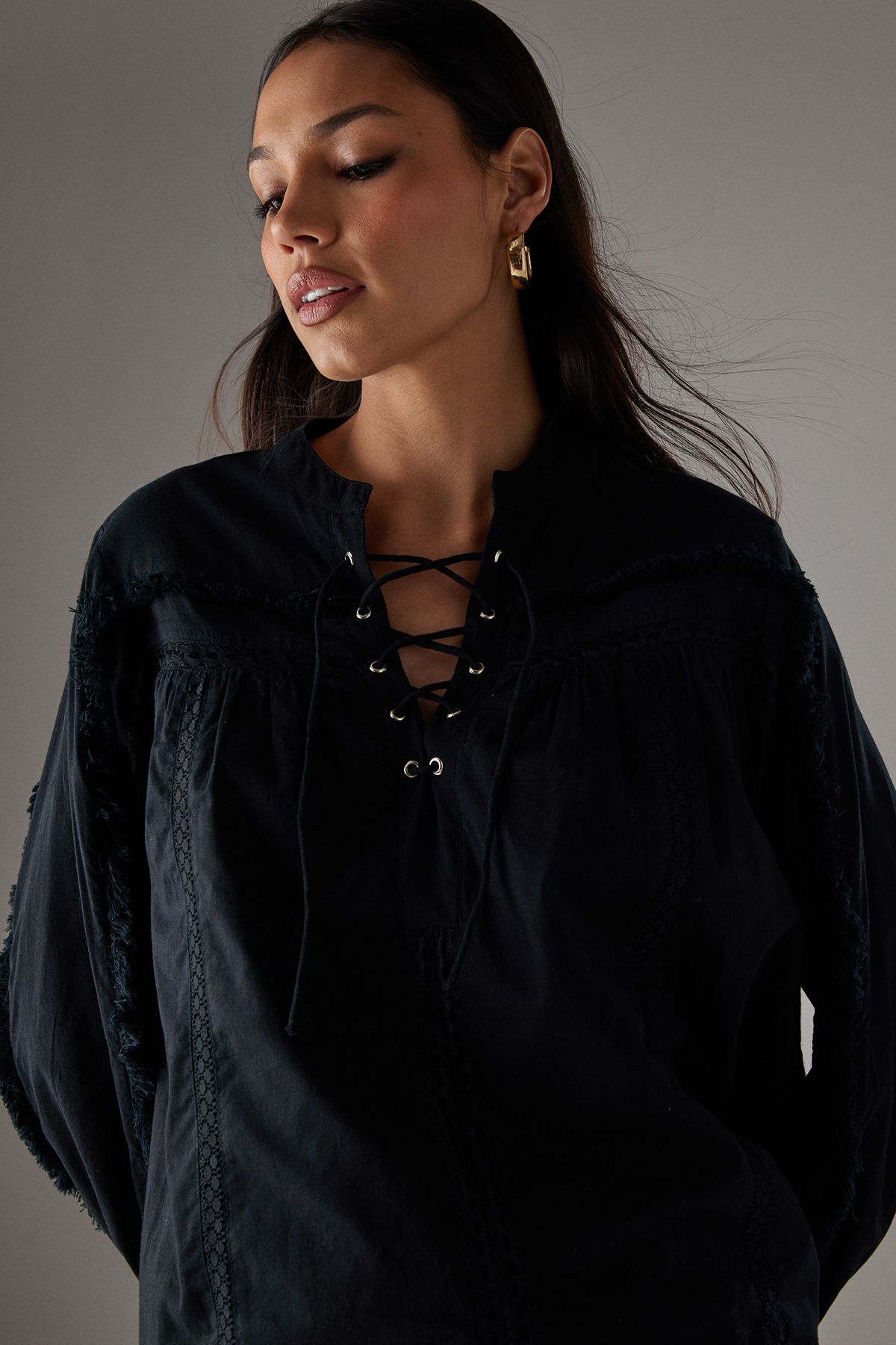 Warehouse HCD Cotton Lace Trim Insert Boho Blouse Black image 4