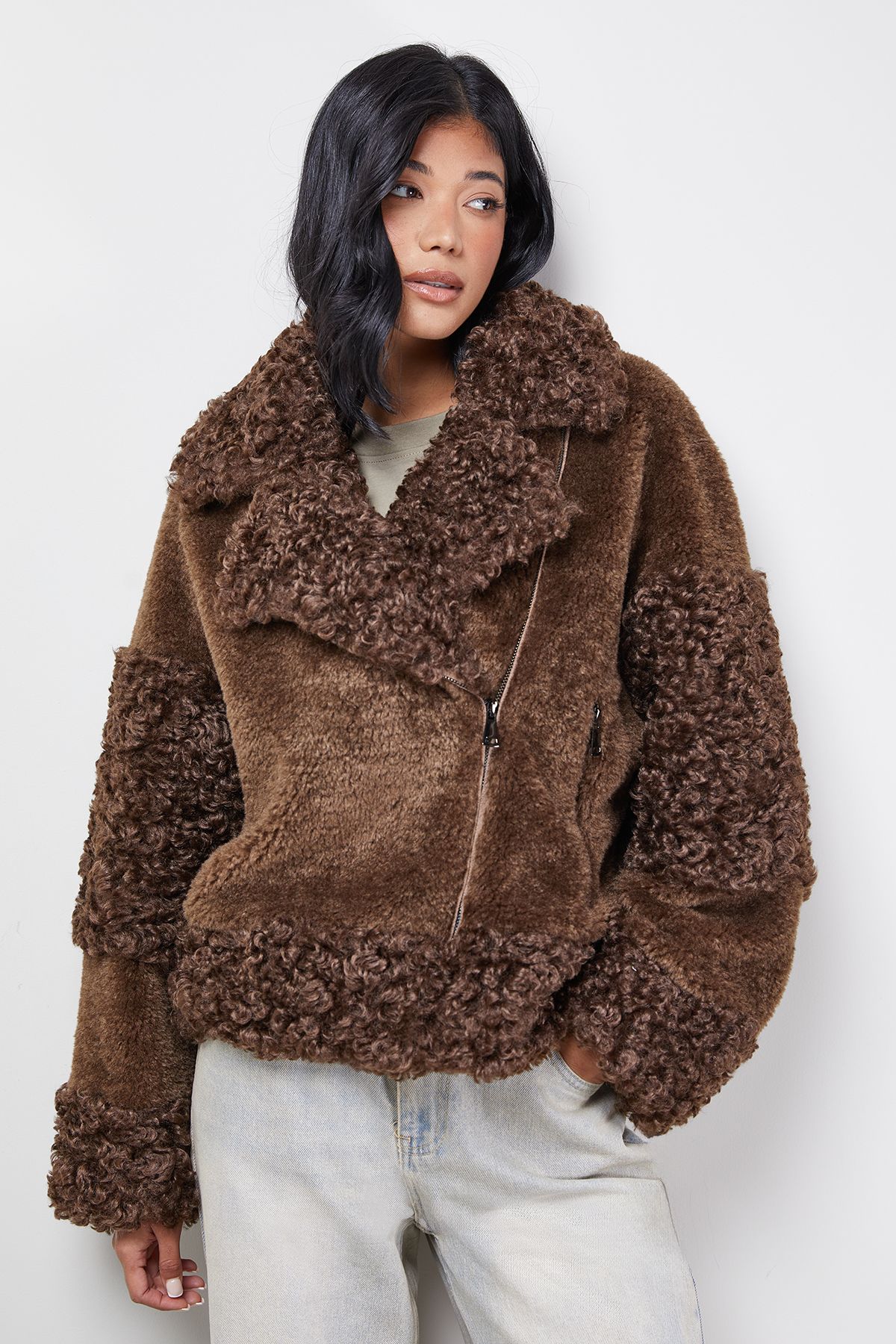 Warehouse Fur Mix Zip Through Jacket Chocolate image 1