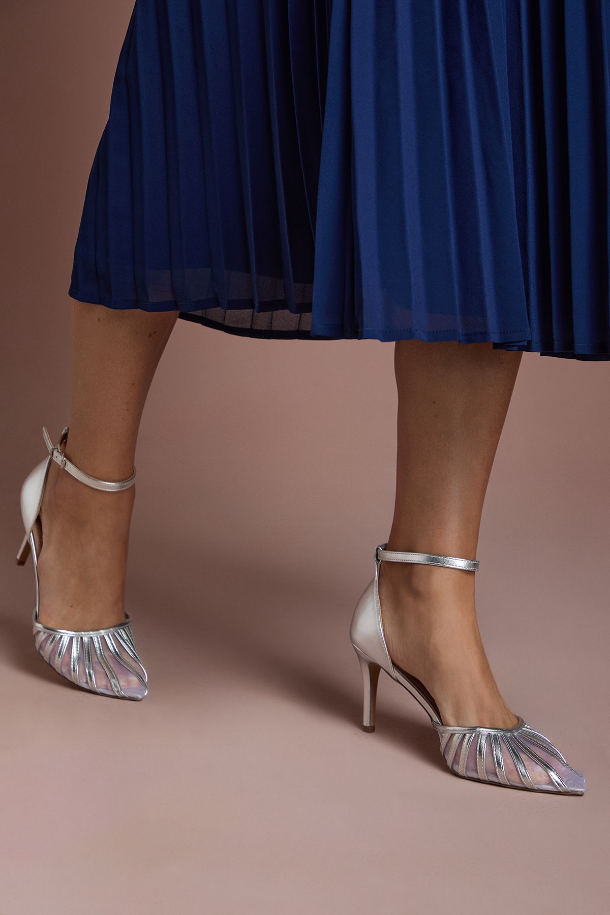 Coast Krystal Metallic Faux Leather Mesh Detail High Stiletto Heel Court Shoes Silver image 3