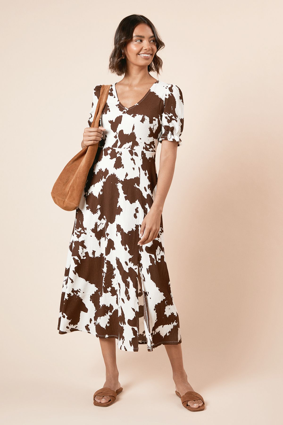 Dorothy Perkins Cow Print Short Sleeve Midi Jersey Dress Beige image 2