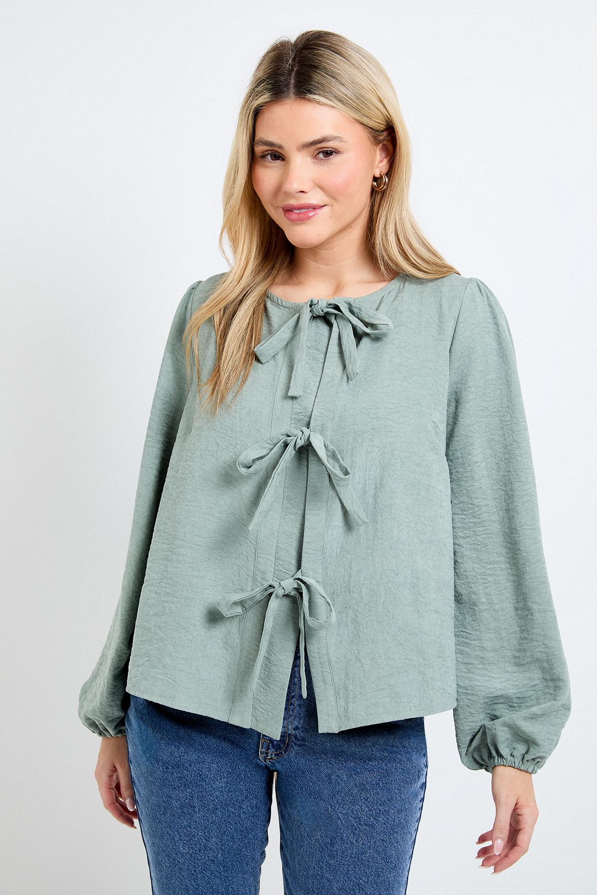 Dorothy Perkins Tie Front Blouson Sleeve Blouse Green