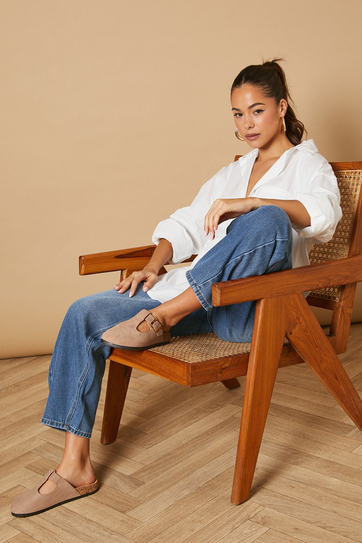 Oasis Emmeline Faux Suede T Bar Mary Jane Closed Toe Footbed Mules Taupe image 1