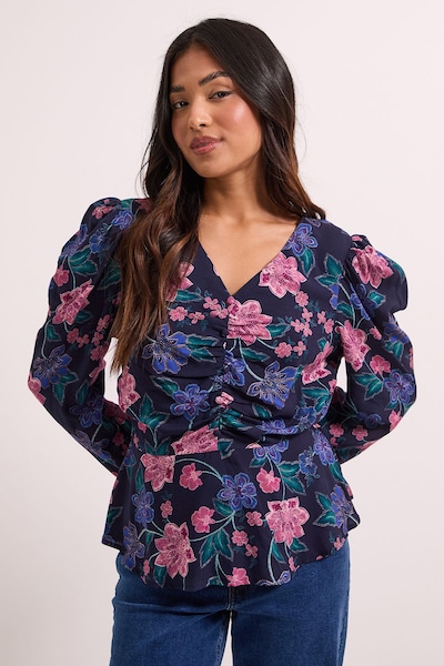 Dorothy Perkins Petite Blue Floral Button Detail Printed Peplum Blouse Floral