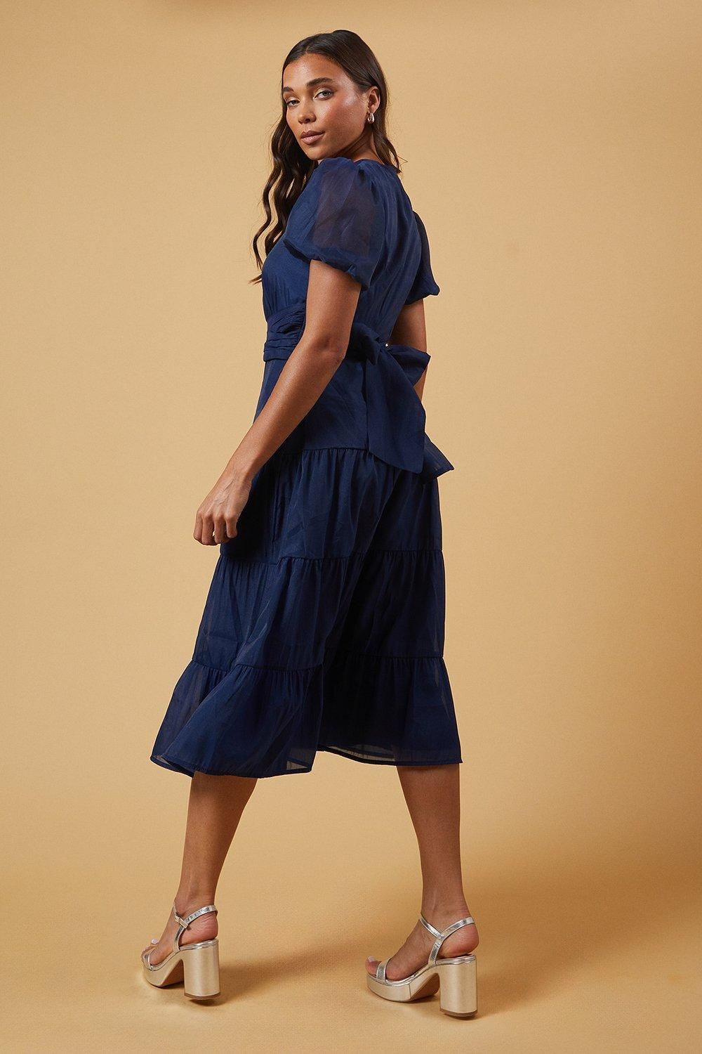 Oasis Petite Organza Puff Sleeve Pintuck Midi Dress Navy image 3